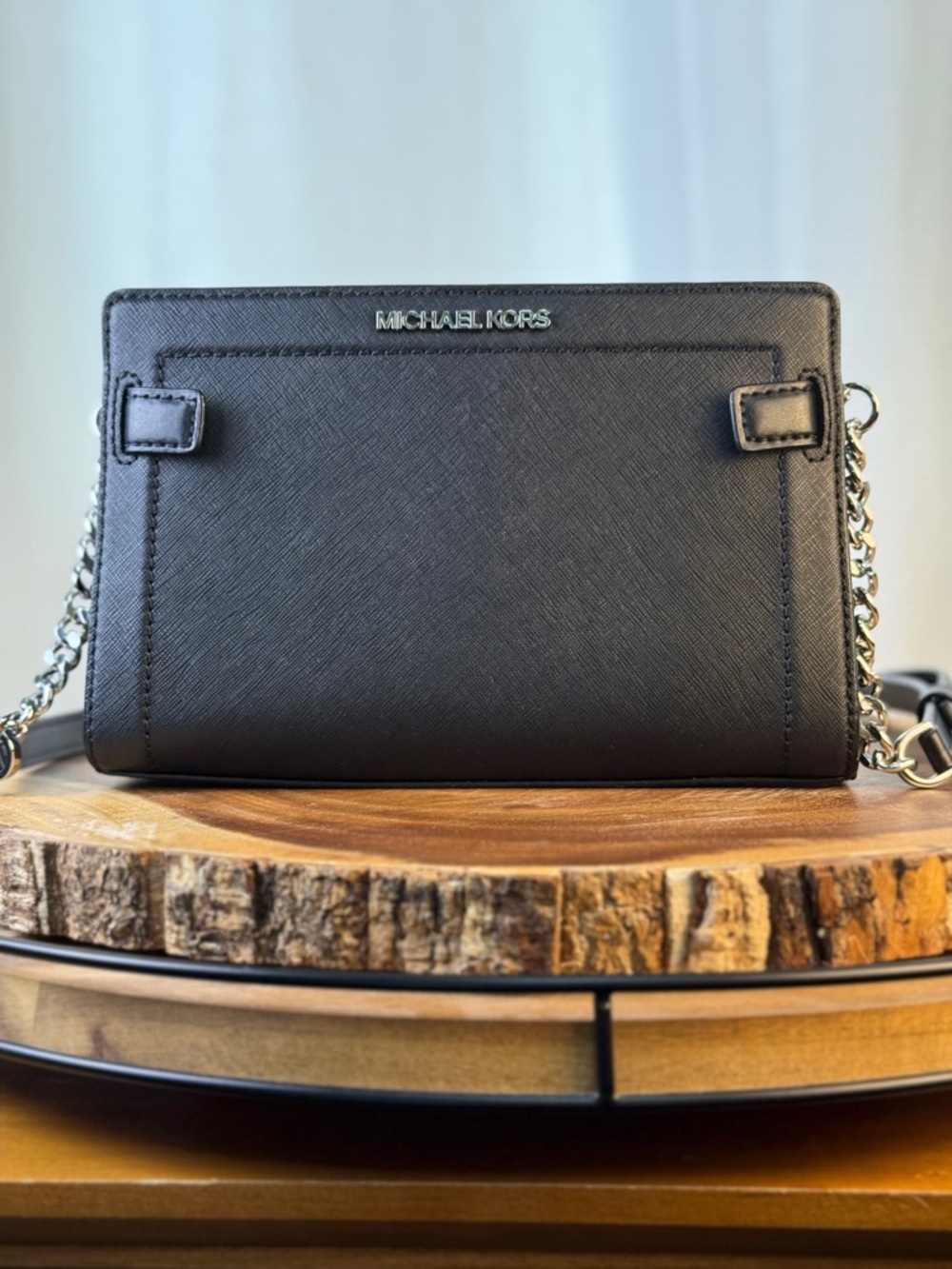 Michael Kors Black Saffiano Leather Crossbody - Rayne – Silver Chain - EUC